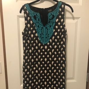 Black, cream and teal dress